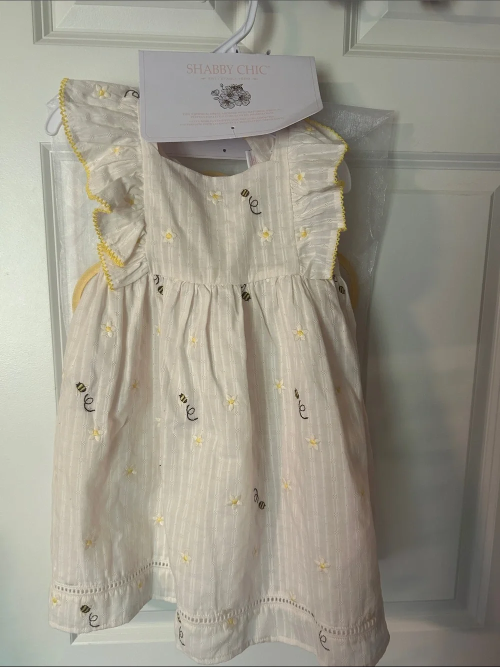 Shabby Chic Cream Dress with Yellow Bee & Daisy Accents & Bee Wings